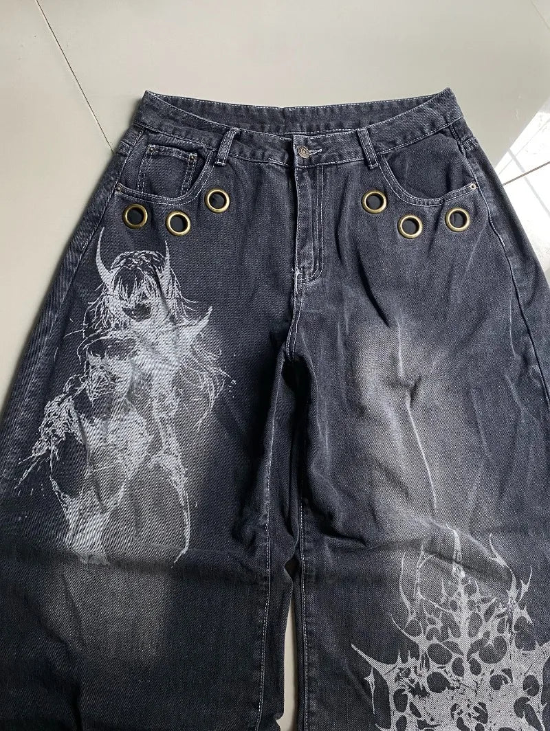Jeans Baggy con Estampado Gráfico y Ojales