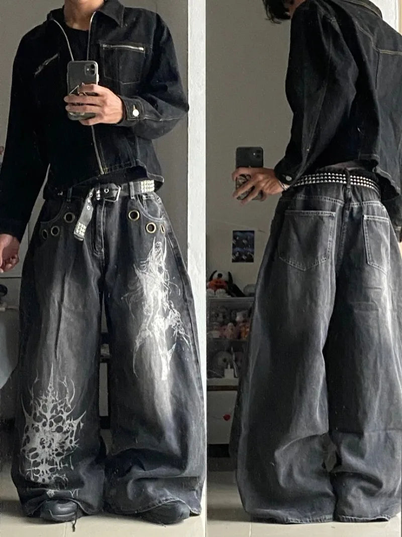 Jeans Baggy con Estampado Gráfico y Ojales
