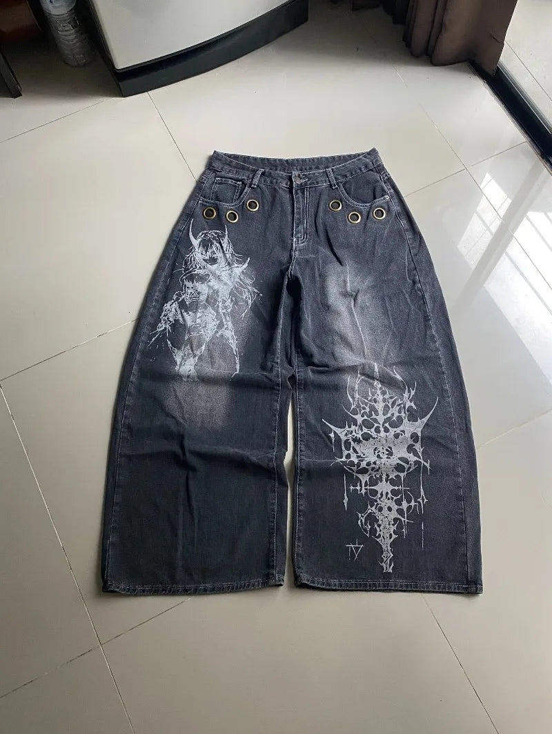 Jeans Baggy con Estampado Gráfico y Ojales