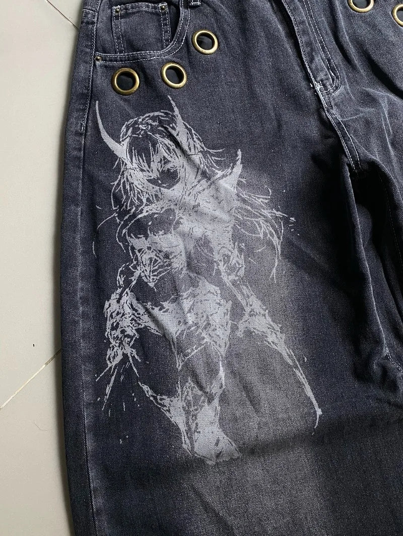 Jeans Baggy con Estampado Gráfico y Ojales