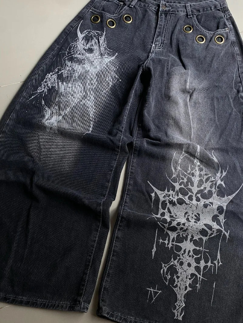 Jeans Baggy con Estampado Gráfico y Ojales