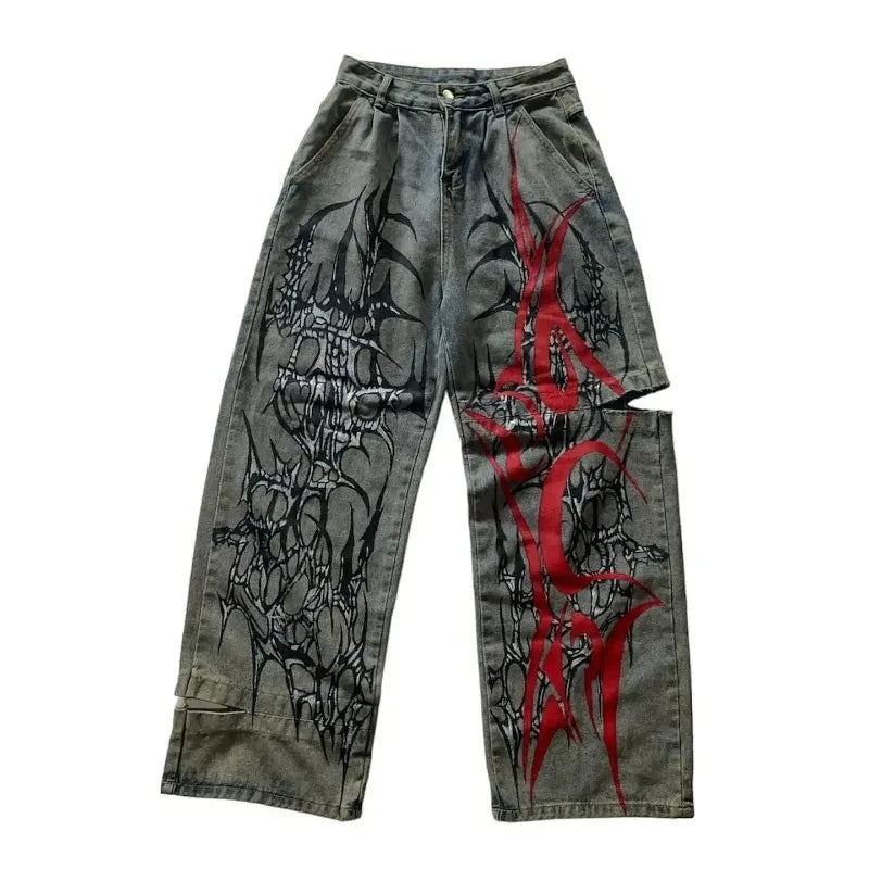 Jeans Baggy con Estampado Gráfico y Ojales