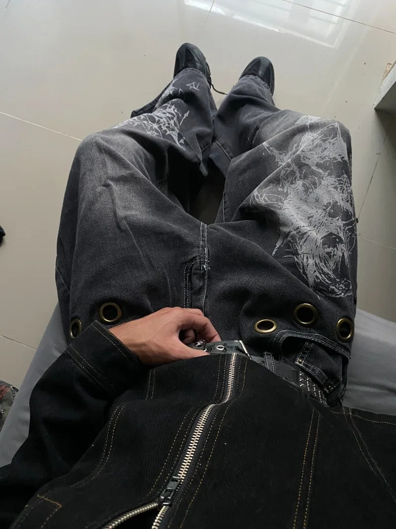 Jeans Baggy con Estampado Gráfico y Ojales